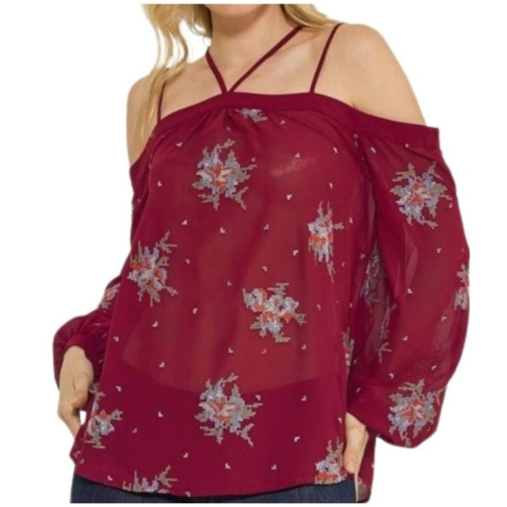 NEW- RO & DE Strappy Maroon Cold Shoulder Sheer Strappy Blouse Size Large